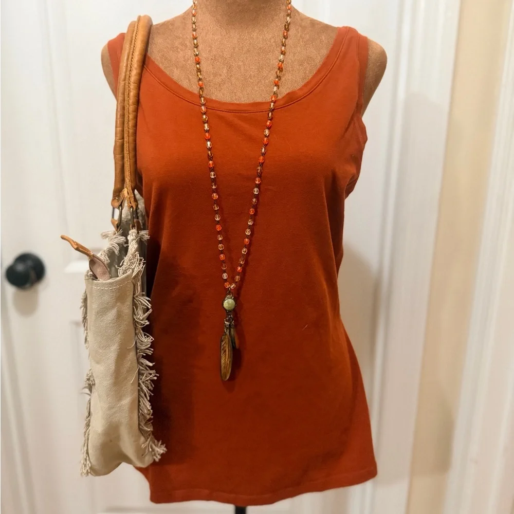 Bohemian-Style Orange Beaded Necklace with Feather Pendant